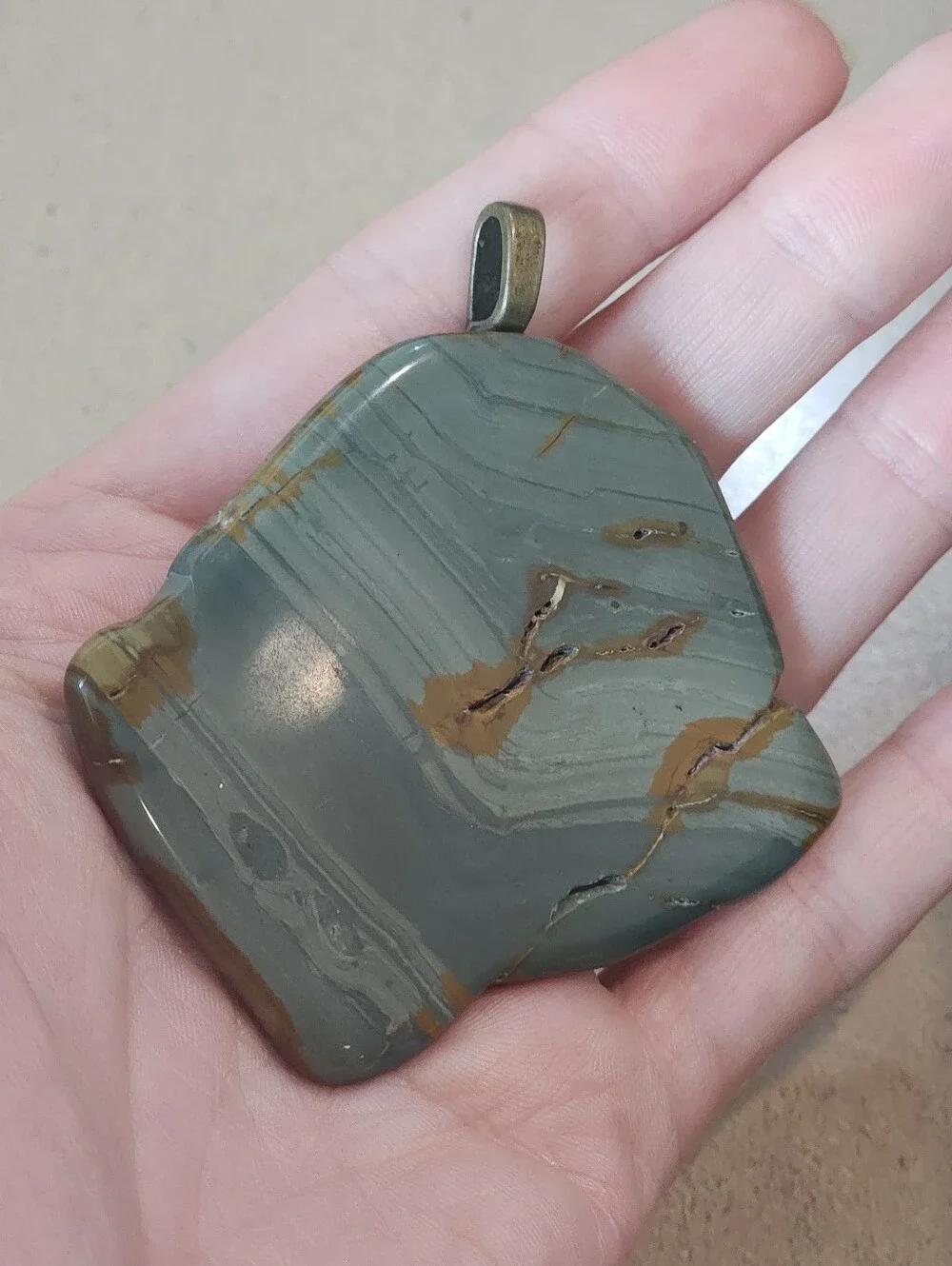 Polished Stone Pendant in Green and Brown